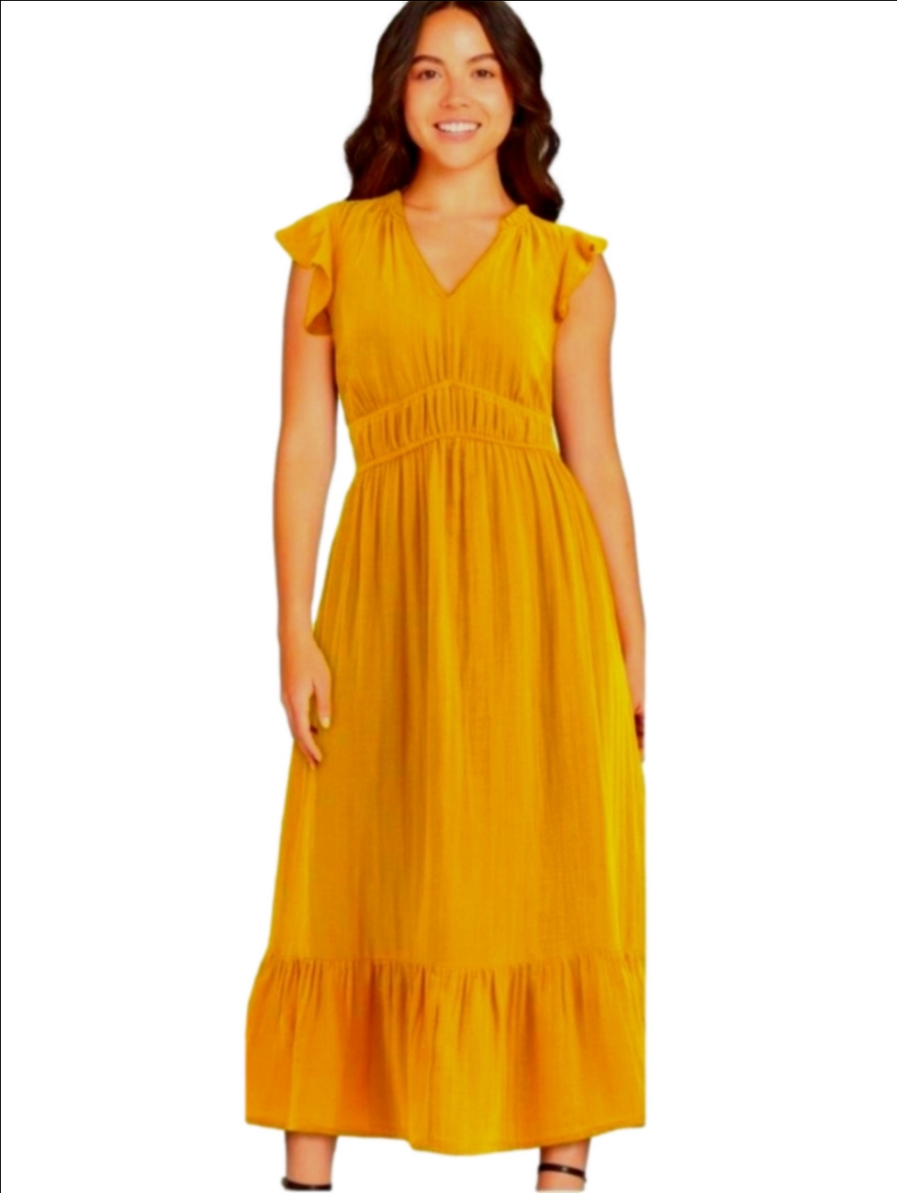 Marigold Yellow V-Neck Flutter Sleeve Midi Dress Gauze